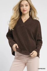 Umgee V-Neck Sweater with Wide Trim Detail ESPRESSO OutfitFlow