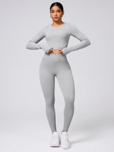 Back Crisscross Round Neck Long Sleeve Top and Leggings Active Set Light Gray OutfitFlow
