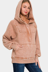 Zenana Acid Wash Fleece Kangaroo Hoodie Rust OutfitFlow