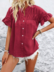 Button Down Ruffled Short Sleeve Shirt OutfitFlow