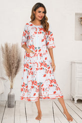 Printed Slit Night Dress with Pockets Burnt Coral OutfitFlow