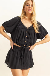 HYFVE Drawstring Hem Short Sleeve Top and Skort Set Black OutfitFlow