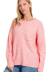 Zenana Melange Hi-low Hem Round Neck Sweater H DK PINK OutfitFlow