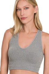 Zenana Seamless Ribbed Cropped Racerback Tank Top H GREY OutfitFlow