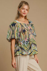Umgee Full Size Abstract Print Smocked Square Neck Puff Sleeve Blouse Green Mix OutfitFlow