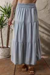 Tiered Wash Denim Maxi Skirt with Elastic Waist Light Blue OutfitFlow