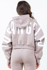 American Bazi Letter Graphic Long Sleeve Drawstring Cropped Hoodie DUSTY ROSE WHITE OutfitFlow