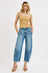 RISEN Full Size Mid Rise Fit Barrel Roll Up Jeans Plus Size MEDIUM OutfitFlow