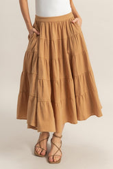 HYFVE Double Gauze Tiered Midi Skirt with Pockets Camel OutfitFlow