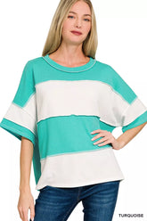 Zenana French Terry Color Block Exposed Seam Top TURQUOISE OutfitFlow
