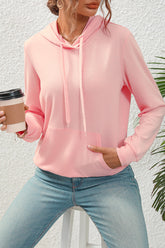 Drawstring Long Sleeve Hoodie with Pocket Blush Pink OutfitFlow