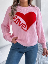 LOVE Heart Round Neck Dropped Shoulder Sweater Blush Pink OutfitFlow
