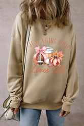 Graphic Round Neck Long Sleeve Sweatshirt Khaki OutfitFlow