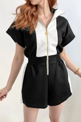 Half Zip Short Sleeve Romper Black OutfitFlow