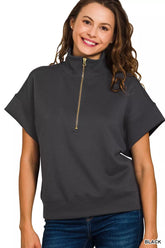 Zenana Full Size Scuba High Neck Half Zip Short Sleeve Top Plus Size BLACK OutfitFlow