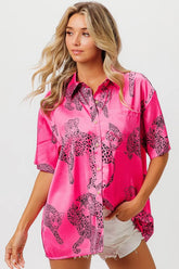 BiBi Leopard Print Short Sleeve Silky Satin Shirt Top FUCHSIA OutfitFlow