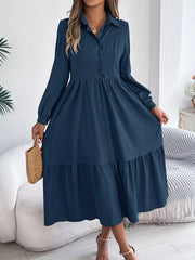 Long Sleeve Tiered Button Front Midi Dress OutfitFlow