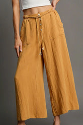 Umgee Full Size Rope Drawstring Wide Leg Pants Plus Size Mustard OutfitFlow