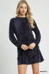 Umgee Velour Drawstring Mini Dress with Long Sleeves MIDNIGHT OutfitFlow