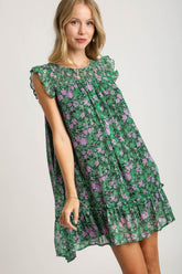 Umgee Full Size Smocked Detail Floral Metallic Ruffle Cap Sleeve Dress Plus Size Dark Green OutfitFlow