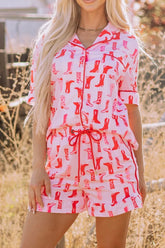 Cowgirl Boots Printed Shirt and Shorts Set Pink OutfitFlow