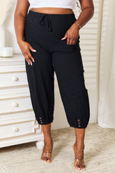 Shiny Decorative Button Cropped Pants Black OutfitFlow