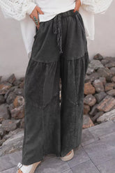Mineral Wash Tiered Wide Leg Patchwork Drawstring Pants Black OutfitFlow