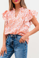Floral Ruffle Sleeve Split Neck Blouse Sherbet OutfitFlow