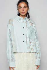 POL Floral Long Sleeve Shirt with Lace Panel Details Pastel Blue OutfitFlow