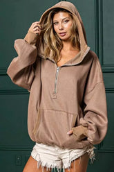 BiBi Stitch Detailed Elastic Hem Half Zip Fleece Hoodie MOCHA OutfitFlow