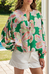 Floral Pleated Puff Sleeve Shirt Green OutfitFlow