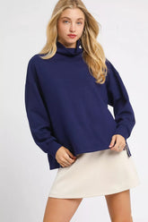 Umgee Turtle Neck Dolman Sleeve Side Slit Sweater with Contrast Detail Navy OutfitFlow