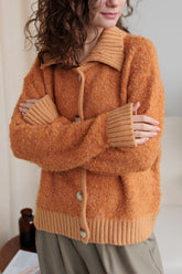 Collared Neck Button Down Long Sleeve Cardigan Tangerine One Size OutfitFlow