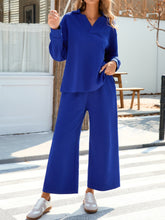 Johnny Collar Long Sleeve Top and Wide Leg Pants Set Royal Blue OutfitFlow