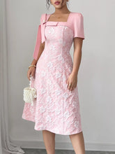 Bow Detail Square Neck Short Sleeve Dress Blush Pink OutfitFlow