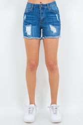 American Bazi High Waist Distressed Frayed Denim Shorts Blue OutfitFlow