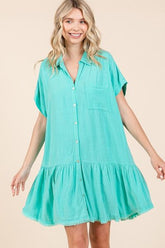 Mittoshop Linen Blend Button Down Shirt Mini Dress Tiffany Blue OutfitFlow