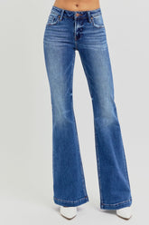 RISEN Full Size Low Rise Flare Jeans with Pockets Dark OutfitFlow