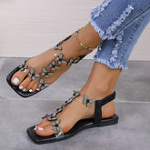 Rhinestone Butterfly Flat Sandals Black OutfitFlow