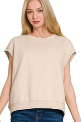 Zenana French Terry Round Neck Cap Sleeve T-Shirt SAND BEIGE OutfitFlow