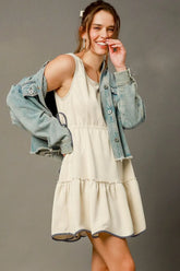 Umgee Frill Drawstring Waist Round Neck Mini Tank Dress Cream OutfitFlow