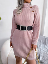Decorative Button Turtleneck Sweater Dress Dusty Pink OutfitFlow
