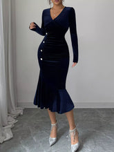 Long Sleeve V-Neck Mermaid Dress Navy OutfitFlow