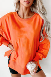 Side Slit Round Neck Long Sleeve Sweatshirt Orange OutfitFlow