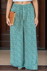 Plus Size Ditsy Floral Wide Lag Pants Turquoise OutfitFlow