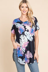 BOMBOM Printed Round Neck Short Sleeve T-Shirt Black OutfitFlow