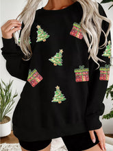 Sequin Christmas Trees Gifts Patched Drop Shoulder Sweatshirt Black Trendsi