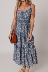 Floral Spaghetti Strap Frilled V Neck Tiered Midi Dress Dusty Blue OutfitFlow