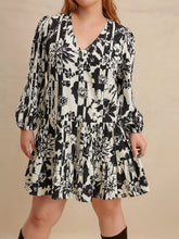 Plus Size Printed V-Neck Long Sleeve Mini Dress Black OutfitFlow