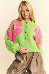Davi & Dani Flower Contrast Round Neck Long Sleeve Cardigan Lime OutfitFlow
